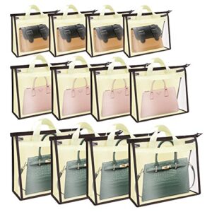 theresduet 12 pack dust bags for handbags, purse storage organizer, clear handbag storage with zipper and handles, beige