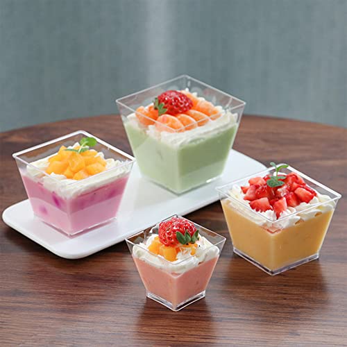 ALMOXVYE 150 Pack 2 Oz Square Dessert Cups with Spoons, Clear Dessert Cups Mini Appetizers Cups for Snack, Ice Cream, Pudding, Jelly