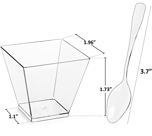 ALMOXVYE 150 Pack 2 Oz Square Dessert Cups with Spoons, Clear Dessert Cups Mini Appetizers Cups for Snack, Ice Cream, Pudding, Jelly