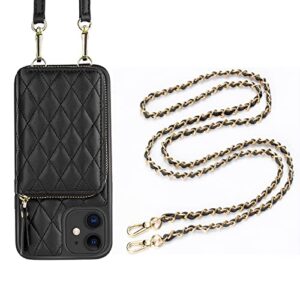 lameeku designed for iphone 11 wallet case, case wallet with crosbody leather strap & gold chain strap compatible for iphone 11-black