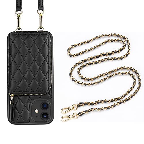 LAMEEKU Designed for iPhone 11 Wallet Case, Case Wallet with Crosbody Leather Strap & Gold Chain Strap Compatible for iPhone 11-Black