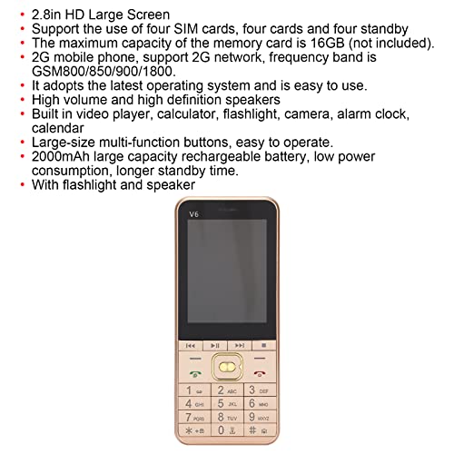 Hilitand 2G Cell Phone for Seniors, 2.8in 32MB+32MB Memory Unlocked Phone, Unlocked Senior Basic Phone with Four SIM Cards, 2000mAh Battery, with Flashlight and Speaker, 3.5mm Headphone Jack(Gold)