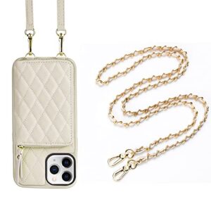 lameeku designed for iphone 11 pro wallet case, case wallet with crosbody leather strap & gold chain strap compatible for iphone 11 pro-beige