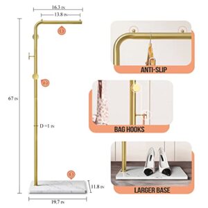 VEKOID Metal Coat Rack Freestanding with Natural Marble Base, Entryway Coats Hanger Stand with 3 Hooks, Home Hotel Hall Tree for Coats, Hats, Scarves, Clothes, and Handbags (Light Gold)