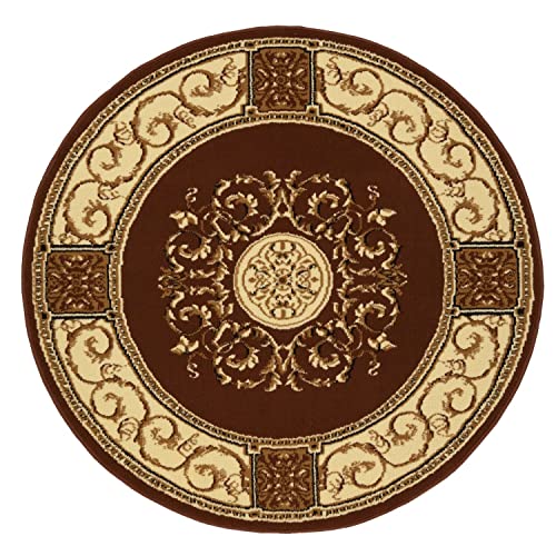 SUPERIOR Classic Elegant Floral Medallion Power-Loomed Indoor Area Rug, 5' Round, Toffee