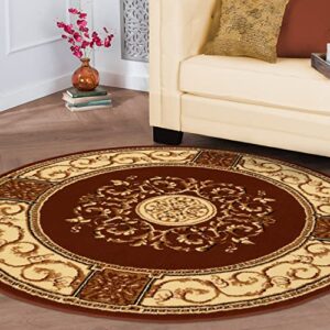 SUPERIOR Classic Elegant Floral Medallion Power-Loomed Indoor Area Rug, 5' Round, Toffee