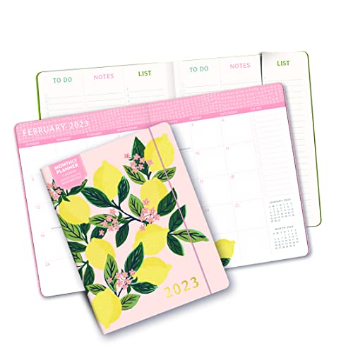 Orange Circle Studio Just Right 2022-2023 Monthly Planner - 17-Month Organizer with Full-Color Monthly Views, Storage Pocket & Elastic Closure - Lemon Tree