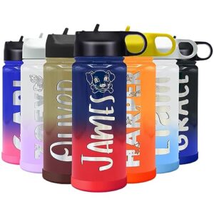 personalized children water bottle with lid and protective silicone boot custom navy blue coral ombre 18 oz modern insulated stainless steel for boys and girls