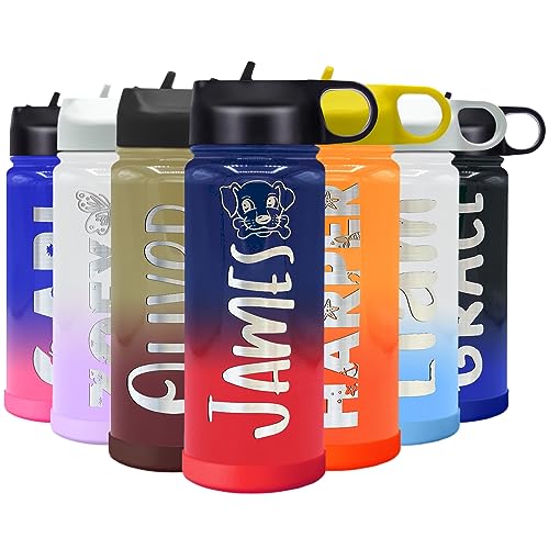 Personalized Children Water Bottle with Lid and Protective Silicone Boot Custom Navy Blue Coral Ombre 18 oz Modern Insulated Stainless Steel for Boys and Girls