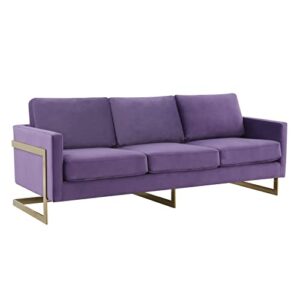 leisuremod lincoln modern mid-century upholstered velvet 83" sofa with gold frame, purple