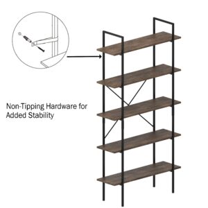 Lavish Home 5-Tier Bookshelf – Open Industrial Style Wooden Bookcase – Freestanding Shelving Unit for Home or Office (Brown Woodgrain) Set of 2