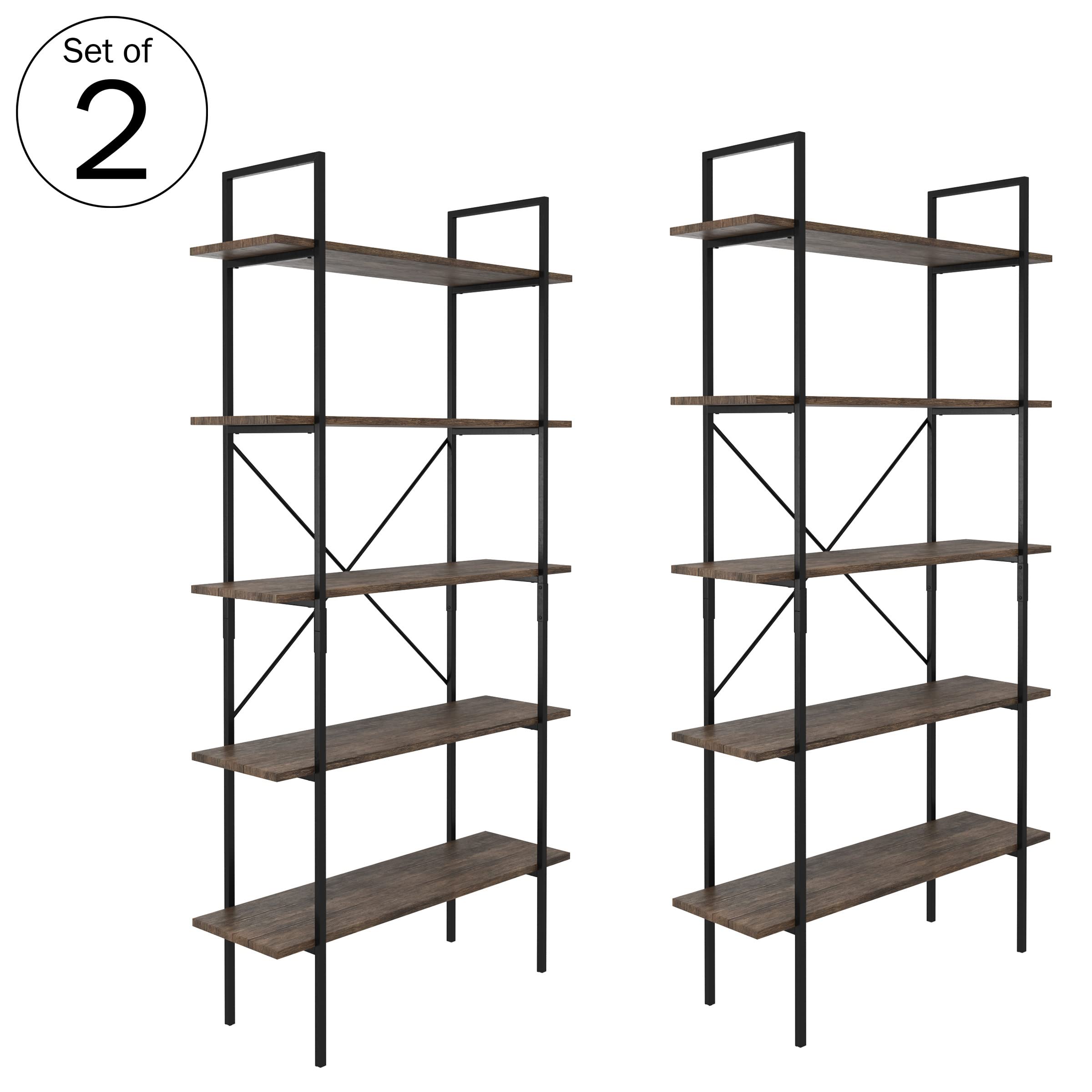 Lavish Home 5-Tier Bookshelf – Open Industrial Style Wooden Bookcase – Freestanding Shelving Unit for Home or Office (Brown Woodgrain) Set of 2