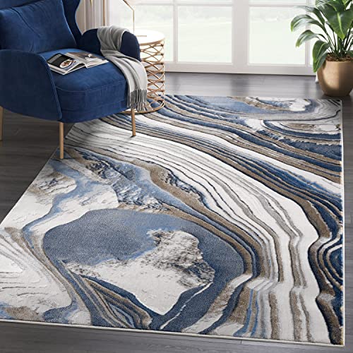 Abani 4’ x 6’ Modern Topography Design Blue, Grey & Gold Area Rug Rugs Modern Pattern No Shed Dining Room Rug