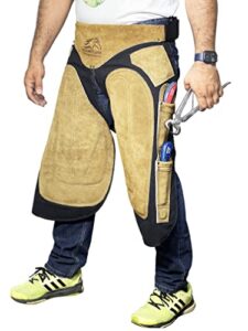 equine care farrier chaps with back support, 4 knife pockets & nail magnet - cow hide suede leather and canvas horse shoeing apron (27 inch-70 cm)