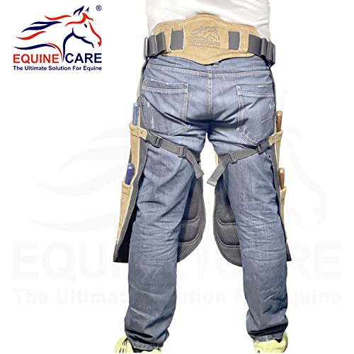 Equine Care Farrier Chaps with Back Support, 4 Knife Pockets & Nail Magnet - Cow Hide Suede Leather and Canvas Horse Shoeing Apron (27 Inch-70 CM)