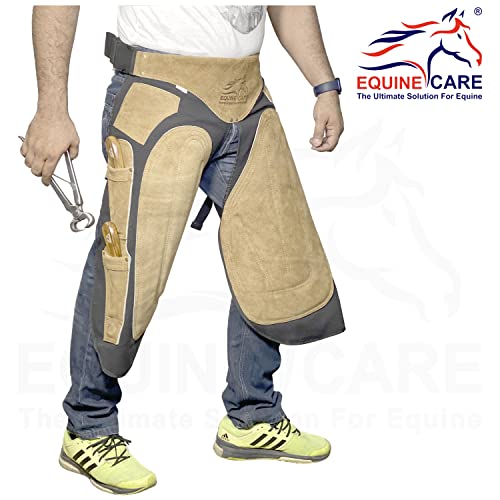 Equine Care Farrier Chaps with Back Support, 4 Knife Pockets & Nail Magnet - Cow Hide Suede Leather and Canvas Horse Shoeing Apron (27 Inch-70 CM)