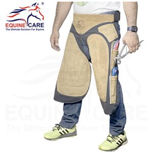 Equine Care Farrier Chaps with Back Support, 4 Knife Pockets & Nail Magnet - Cow Hide Suede Leather and Canvas Horse Shoeing Apron (27 Inch-70 CM)