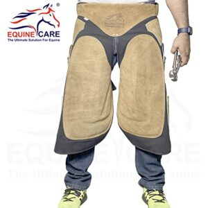 Equine Care Farrier Chaps with Back Support, 4 Knife Pockets & Nail Magnet - Cow Hide Suede Leather and Canvas Horse Shoeing Apron (27 Inch-70 CM)