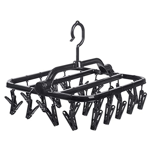 Annaklin Foldable Clip Hangers with 26 Drying Clips, Underwear Hanger with Clips, Plastic Laundry Clip and Drip Drying Hanger for Socks, Bras, Lingerie, Clothes, Sturdy, Black