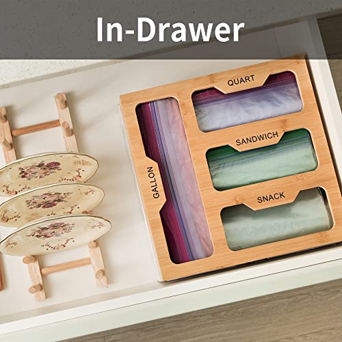 Bamboo Ziplock Bag Storage Organizer for Kitchen Drawer and Wall Mount - Food Baggie Holders Container - Compatible for most brands such as Ziploc, Solimo, Glad, Hefty with different sizes & usages for Gallon, Quart, Sandwich, Snack Variety Size Bags