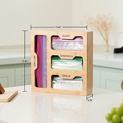 Bamboo Ziplock Bag Storage Organizer for Kitchen Drawer and Wall Mount - Food Baggie Holders Container - Compatible for most brands such as Ziploc, Solimo, Glad, Hefty with different sizes & usages for Gallon, Quart, Sandwich, Snack Variety Size Bags