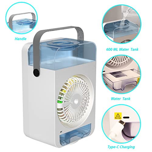 Portable Air Conditioner, 120°Oscillating Evaporative Personal Air Cooler with 4 Speeds Rainbow LED Light,2 Spray Humidify,2/4/6H Timer,600ml Tank,Low Noise, Desktop Office, Home, Bedroom, Dormitory