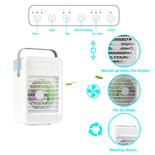 Portable Air Conditioner, 120°Oscillating Evaporative Personal Air Cooler with 4 Speeds Rainbow LED Light,2 Spray Humidify,2/4/6H Timer,600ml Tank,Low Noise, Desktop Office, Home, Bedroom, Dormitory