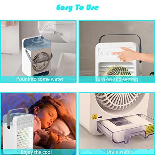 Portable Air Conditioner, 120°Oscillating Evaporative Personal Air Cooler with 4 Speeds Rainbow LED Light,2 Spray Humidify,2/4/6H Timer,600ml Tank,Low Noise, Desktop Office, Home, Bedroom, Dormitory