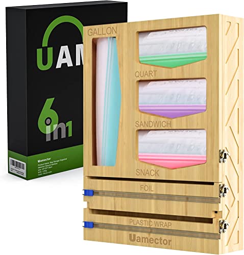 6 In 1 Ziplock Bag Storage Organizer, Foil and Plastic Wrap Organizer, Uamector Bamboo Aluminum Foil Dispenser with Cutter for Kitchen Drawer, Applies to Gallon Quart Sandwich Snack Bags, Cling Film Aluminum Foil, etc