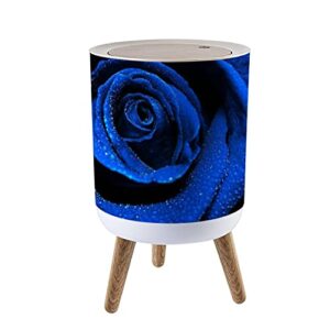 IBPNKFAZ89 Small Trash Can with Lid Beautiful Dark Blue Rose with Water Dew Drops Garbage Bin Wood Waste Bin Press Cover Round Wastebasket for Bathroom Bedroom Diaper Office Kitchen