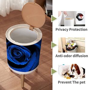 IBPNKFAZ89 Small Trash Can with Lid Beautiful Dark Blue Rose with Water Dew Drops Garbage Bin Wood Waste Bin Press Cover Round Wastebasket for Bathroom Bedroom Diaper Office Kitchen