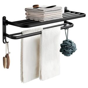towel racks for bathroom, black towel bar for bathroom with double shelf, bathroom towel rack wall mounted 2 tier, bathroom accessories, space aluminum, 24 inch