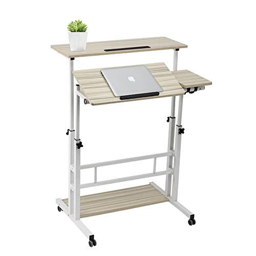 Hadulcet Mobile Standing Desk, Rolling Table Adjustable Computer Desk, Stand Up Laptop Desk Mobile Workstation for Home Office Classroom with Wheels, 31.49 x 23.6 in Beige