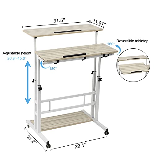 Hadulcet Mobile Standing Desk, Rolling Table Adjustable Computer Desk, Stand Up Laptop Desk Mobile Workstation for Home Office Classroom with Wheels, 31.49 x 23.6 in Beige