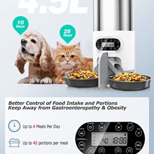 Automatic Cat Feeders 2 Cat, 4.5L Cat Food Dispenser with Splitter and Two Stainless Bowls, Timed Cat Feeder, up to 4 Meals with Portion Control, 10s Voice Recorder