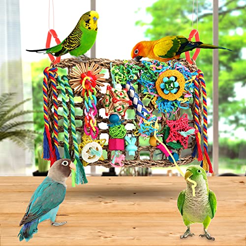 YIXUND Bird Toys Bird Foraging Toys for Parakeets Cockatiel Conures Lovebirds Bird Foraging Shredding Seagrass Wall with Various Toys for Birds