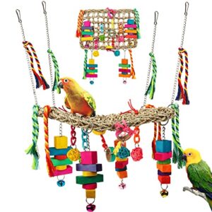 bird swing toys, bird foraging wall toy, seagrass woven hammock swing mat with colorful ropes wooden chew toys for lovebirds, parakeets, conures, cockatiels