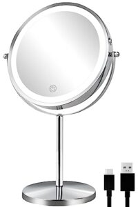alhakin rechargeable lighted makeup mirror, 1x/10x magnifying mirror with light, 8 inch dimmable makeup mirror with 3 color lights, double sided cosmetic light up mirror with magnification, chrome