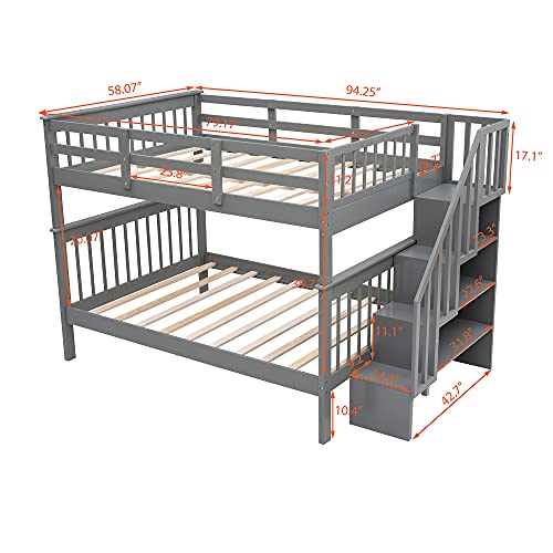 Merax Full-Over-Full Soild Wood Stairway Bunk Bed with Storage and Guard Rail for Bedroom, Dorm, Bunk Bed for Kids, Adults, Gray