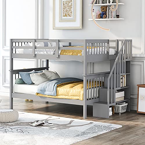 Merax Full-Over-Full Soild Wood Stairway Bunk Bed with Storage and Guard Rail for Bedroom, Dorm, Bunk Bed for Kids, Adults, Gray