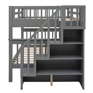 Merax Full-Over-Full Soild Wood Stairway Bunk Bed with Storage and Guard Rail for Bedroom, Dorm, Bunk Bed for Kids, Adults, Gray