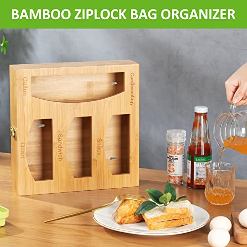 Honadar Bamboo Ziplock Bag Organizer for Drawer, Bag Storage Organizer Compatible with Gallon, Quart, Sandwich and Snack Variety Size Bag for Kitchen Drawer Organizer (1 Box 4 Slots)