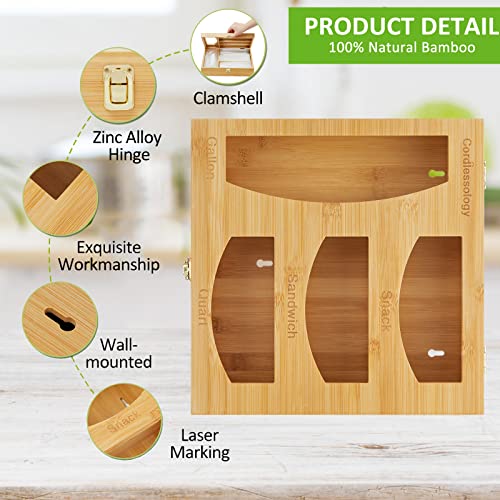 Honadar Bamboo Ziplock Bag Organizer for Drawer, Bag Storage Organizer Compatible with Gallon, Quart, Sandwich and Snack Variety Size Bag for Kitchen Drawer Organizer (1 Box 4 Slots)