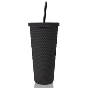 24oz studded matte black tumbler, reusable plastic cup, with lid and straw, studded double venti cup,water bottle, 100% bpa free, insulated cold only, leak proof, wide mouth for easy cleaning (black)