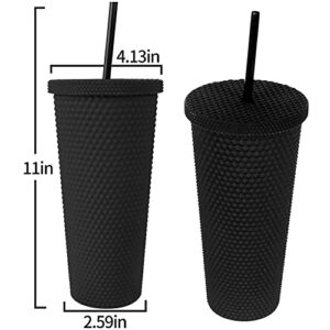 24Oz Studded Matte Black Tumbler, Reusable Plastic Cup, with Lid and Straw, Studded Double Venti Cup,Water Bottle, 100% BPA Free, Insulated Cold Only, Leak Proof, Wide Mouth for Easy Cleaning (Black)