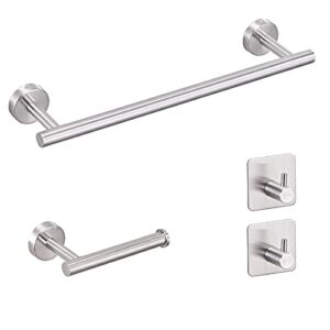 Bathroom Hardware Set, 4 PCS Brushed Nickel Bathroom Towel Rack Set, Include 16 inch Hand Towel Bar, Toilet Paper Holder, 2 Adhesive Towel Robe Hooks, Stainless Steel Bathroom Accessories Set