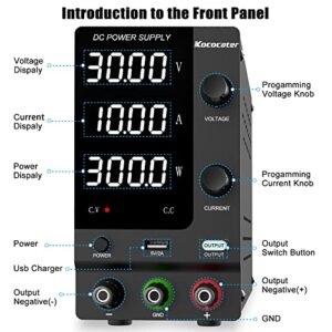 IKococater DC Power Supply Variable 30V 10A with Output Switch, Adjustable Regulated Switching Bench Power Supply with 4-Digits LED Power Display, 5V/2A USB Interface, Accurate Encoder Adjustment Knob