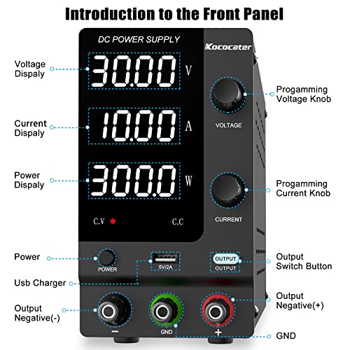 IKococater DC Power Supply Variable 30V 10A with Output Switch, Adjustable Regulated Switching Bench Power Supply with 4-Digits LED Power Display, 5V/2A USB Interface, Accurate Encoder Adjustment Knob