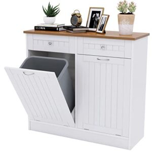 double kitchen trash cabinet, dual tilt out trash cabinet with two wood hideaway trash holder drawers, free standing wooden kitchen trash can recycling cabinet trash can holder