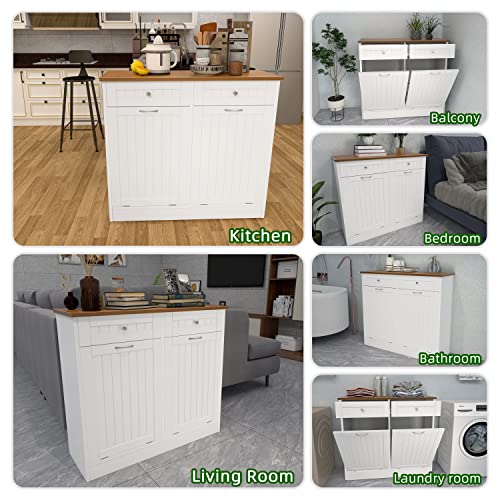 Double Kitchen Trash Cabinet, Dual Tilt Out Trash Cabinet with Two Wood Hideaway Trash Holder Drawers, Free Standing Wooden Kitchen Trash Can Recycling Cabinet Trash Can Holder